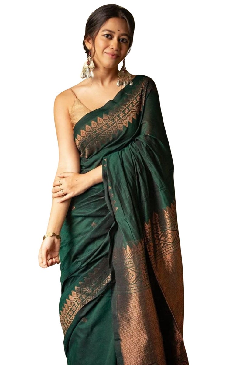 SGF11 Women's Kanjivaram Soft Cotton Linen Silk Saree With Blouse Piece (Dark Green) - Image 1