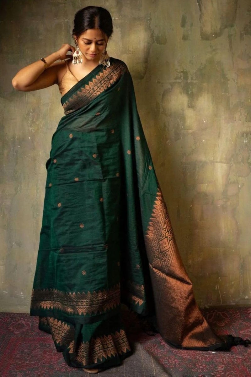 SGF11 Women's Kanjivaram Soft Cotton Linen Silk Saree With Blouse Piece (Dark Green) - Image 5
