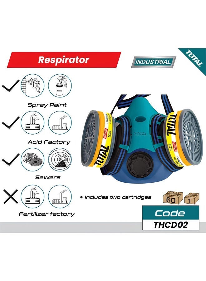 توتال قناع تنفس كامل مزود بمرشحين، قناع نصف وجه صناعي، قناع تنفس آمن قابل لإعادة الاستخدام لحماية من رذاذ الطلاء والأبخرة الكيميائية والغبار، مزود بمرشحات خرطوشة وأحزمة قابلة للتعديل، قناع لحماية التنفس - Image 3