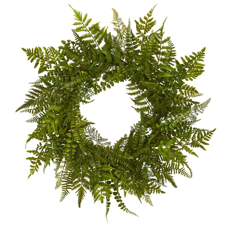 Nearly Natural 24in. Mixed Fern Artificial Wreath, Green - Image 1
