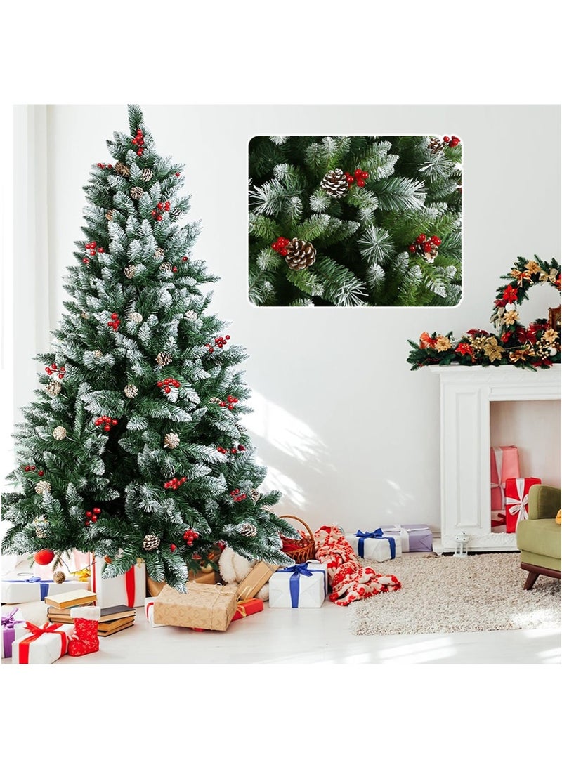TAPIT 1.8m 750-Tip Artificial White Snowy Christmas Tree, PVC Pinecones & Red Berries Decorated Floor Standing Xmas Tree, Holiday Scene Decoration for Home Hotel Mall (EC140) - Image 4