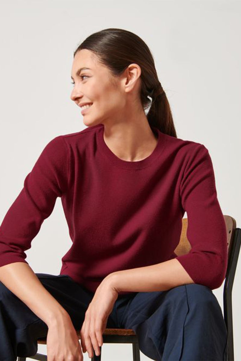 Fire & Glory Women Crew Neck Elbow Sleeve Knitted Blouse, Red - Image 1