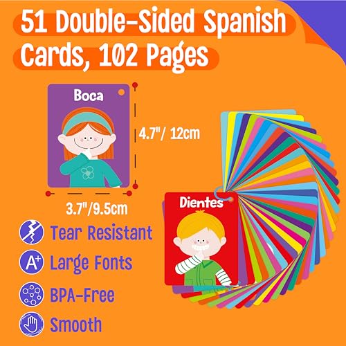 SpriteGru 51 PCS Spanish Baby Cognitive Flashcards Double Sided Printed 7 in 1 Colorful Cards Alphabet Numbers Foods Animals Shapes Colors with 2 Reclosable Rings Learning Tool for Toddlers - Image 5