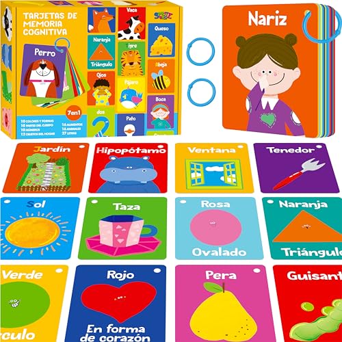 SpriteGru 51 PCS Spanish Baby Cognitive Flashcards Double Sided Printed 7 in 1 Colorful Cards Alphabet Numbers Foods Animals Shapes Colors with 2 Reclosable Rings Learning Tool for Toddlers - Image 1