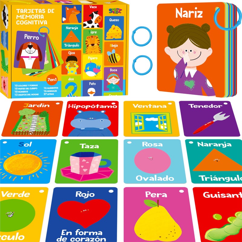 SpriteGru 51 PCS Spanish Baby Cognitive Flashcards Double Sided Printed 7 in 1 Colorful Cards Alphabet Numbers Foods Animals Shapes Colors with 2 Reclosable Rings Learning Tool for Toddlers - Image 3