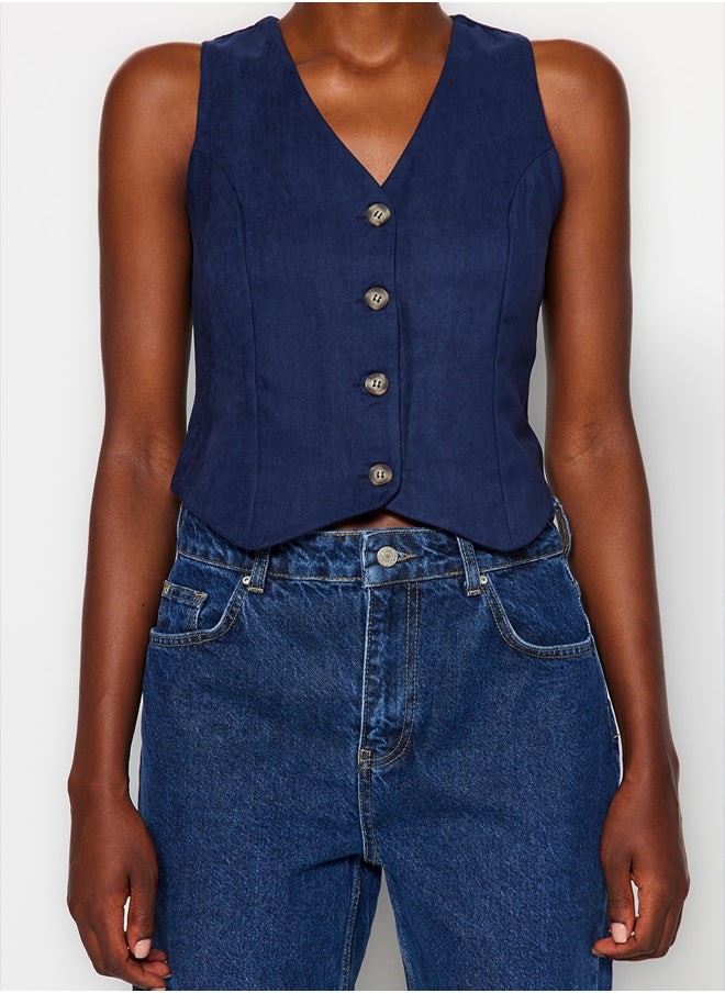 trendyol Indigo Fitted Buttoned Suede Crop Woven Vest TWOAW24YE00044  - Image 3
