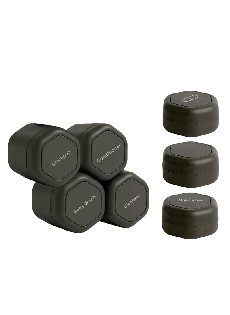 Cadence Cadence Travel Containers - Daily Routine Capsule Set - Magnetic Travel Capsules - For Shampoo, Conditioner, Body Wash, Pills, and More - 4 Flex Mediums (1.32oz) & 3 Flex Smalls (0.56oz) - Charcoal 