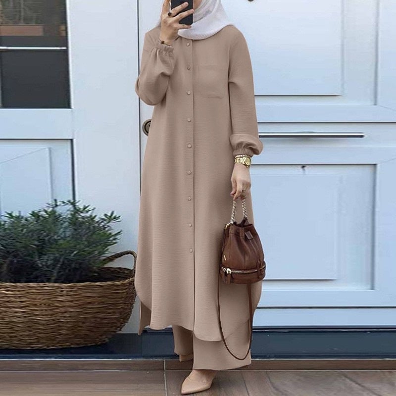 H707# Muslim womens Arabian style two-piece spring and autumn new womens long sleeve shirt pants suit green printing - Image 3