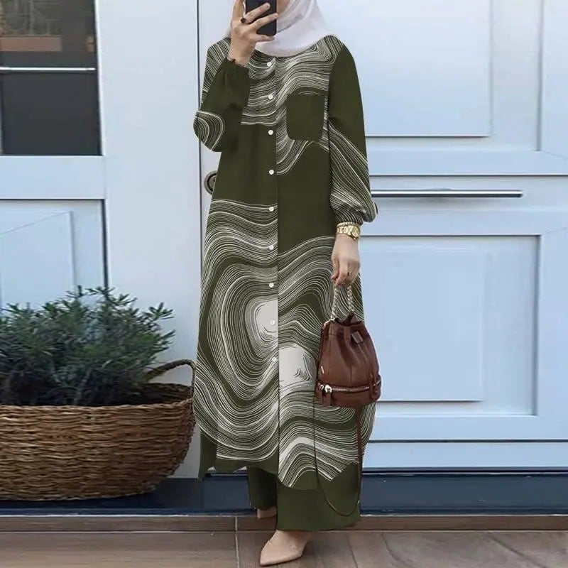 H707# Muslim womens Arabian style two-piece spring and autumn new womens long sleeve shirt pants suit green printing - Image 1