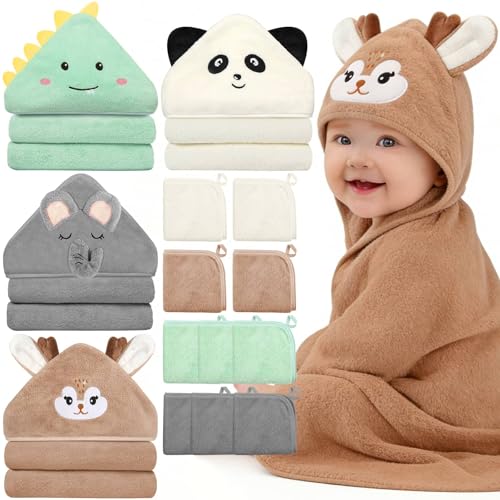 Flasoo 14 Pcs Baby Towels Set, Baby Towels and Washcloths Set,4 Pcs 32x32 in Cute Hooded Bath Towel & 10 Pcs Baby Washcloths for Infants, Toddlers and Kids - Dinosaurs, Pandas, Elephants & Moose - Image 1