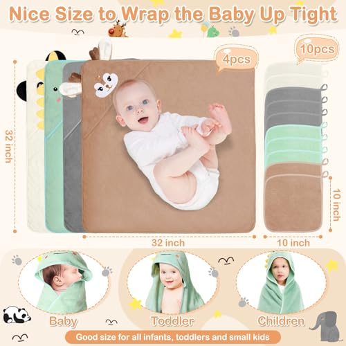 Flasoo 14 Pcs Baby Towels Set, Baby Towels and Washcloths Set,4 Pcs 32x32 in Cute Hooded Bath Towel & 10 Pcs Baby Washcloths for Infants, Toddlers and Kids - Dinosaurs, Pandas, Elephants & Moose - Image 3