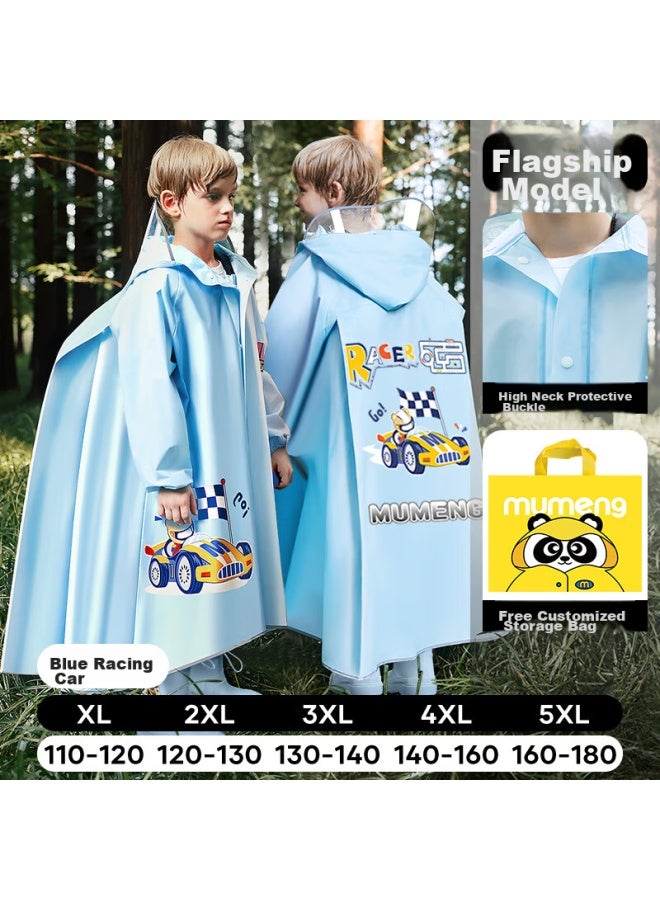 Moremerry Children's Raincoat With Backpack Space For Boys And Girls, Extended Full-body Student Poncho, Blue Racing Car, 2XL - Image 1