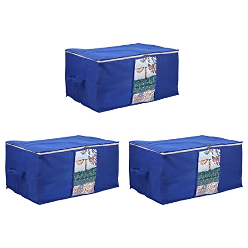 Klaxon Xavi Underbed Storage Organizer | Non Woven Blanket Cover with Transparent window and Handles (Extra Large, Blue) - Pack of 3 - Image 1