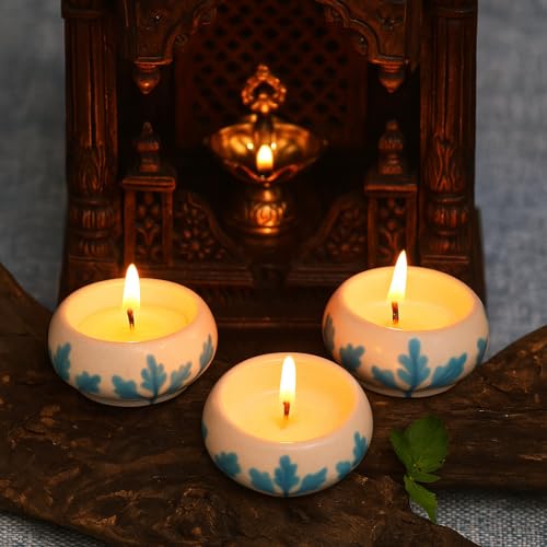 Indian-Shelf IndianShelf Handmade 9 Pieces White & Turquoise Ceramic Tealight Candle Holder Decorative Votive Candle Holder Festive Diwali Light Pooja Lamp Home Decor Gift Accent Tea Light Holder - Image 3
