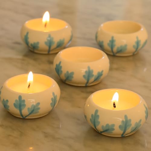 Indian-Shelf IndianShelf Handmade 9 Pieces White & Turquoise Ceramic Tealight Candle Holder Decorative Votive Candle Holder Festive Diwali Light Pooja Lamp Home Decor Gift Accent Tea Light Holder - Image 5