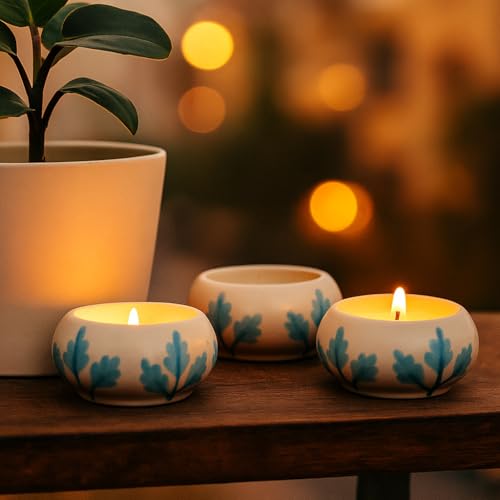 Indian-Shelf IndianShelf Handmade 9 Pieces White & Turquoise Ceramic Tealight Candle Holder Decorative Votive Candle Holder Festive Diwali Light Pooja Lamp Home Decor Gift Accent Tea Light Holder - Image 2