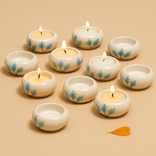Indian-Shelf IndianShelf Handmade 9 Pieces White & Turquoise Ceramic Tealight Candle Holder Decorative Votive Candle Holder Festive Diwali Light Pooja Lamp Home Decor Gift Accent Tea Light Holder - Image 1