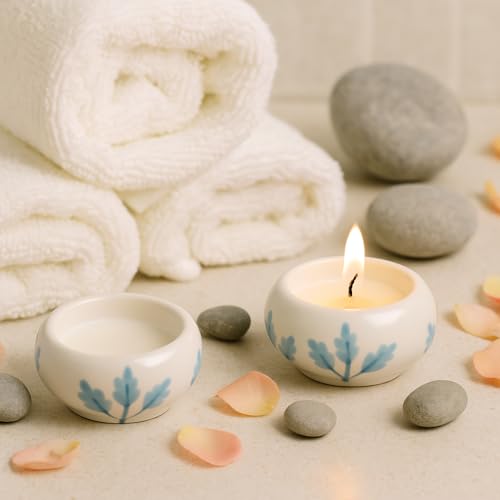 Indian-Shelf IndianShelf Handmade 9 Pieces White & Turquoise Ceramic Tealight Candle Holder Decorative Votive Candle Holder Festive Diwali Light Pooja Lamp Home Decor Gift Accent Tea Light Holder - Image 4