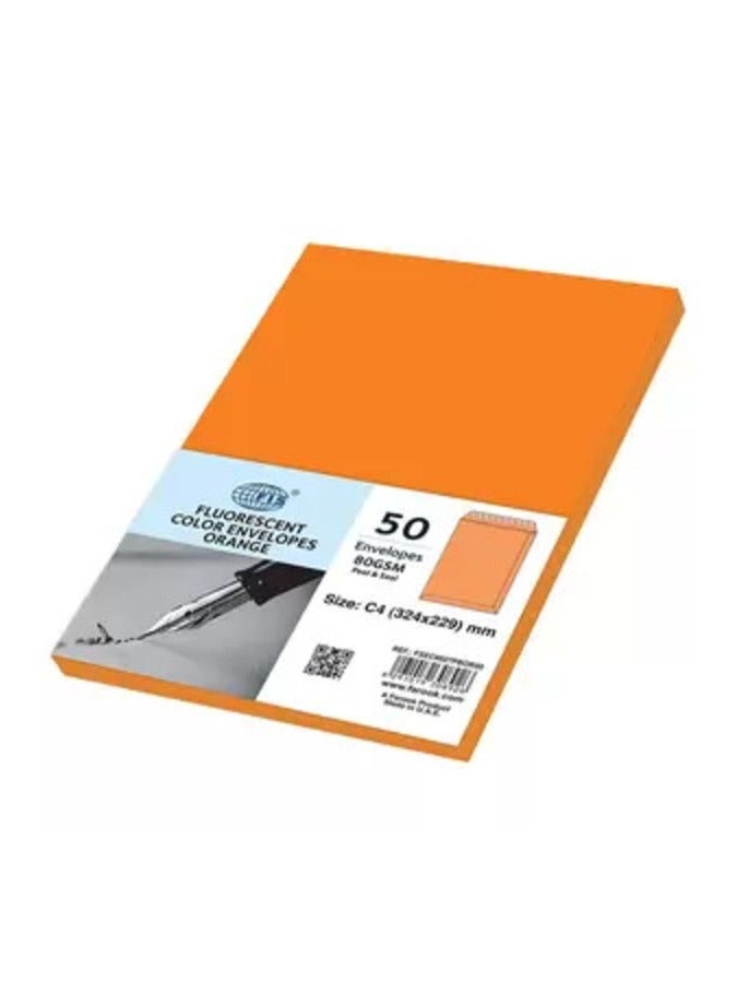 FIS Color Envelopes Peel & Seal, Neon Colors, Pack of 50 Pcs. Orange Color, C4 (324 x 229 mm), 80 GSM