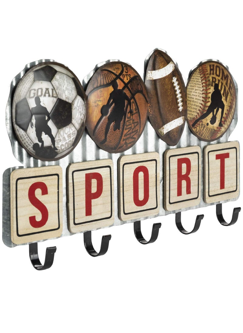 Excello Global Products EXCELLO GLOBAL PRODUCTS Metal Sports Coat Rack with 5 Hooks Vintage Sports Decorative Wall Mounted Design for Towels Bags Hats Keys Coats and Jackets 