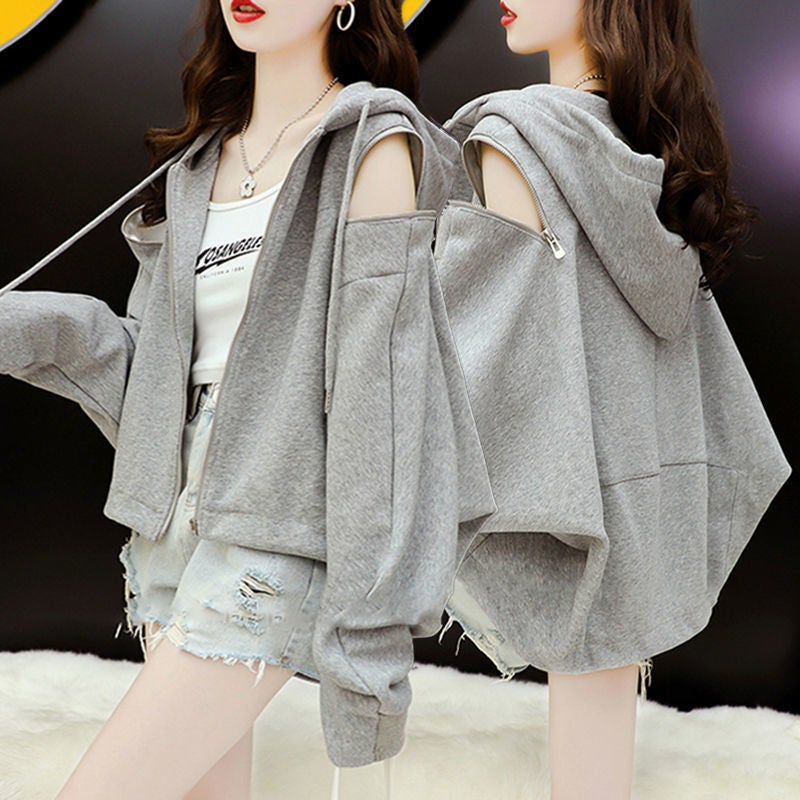 2024 New Short Jacket Zip-Up Hoodie for Women Spring Autumn Grey C36 [Spring and Autumn New]]