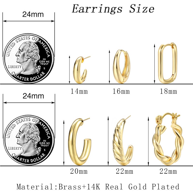 17mile Hoop Earrings Set for Women, 6 Pairs 14K Gold Plated Lightweight Hypoallergenic Chunky Open Twisted Hoops Earrings Pack Jewelry - Image 2