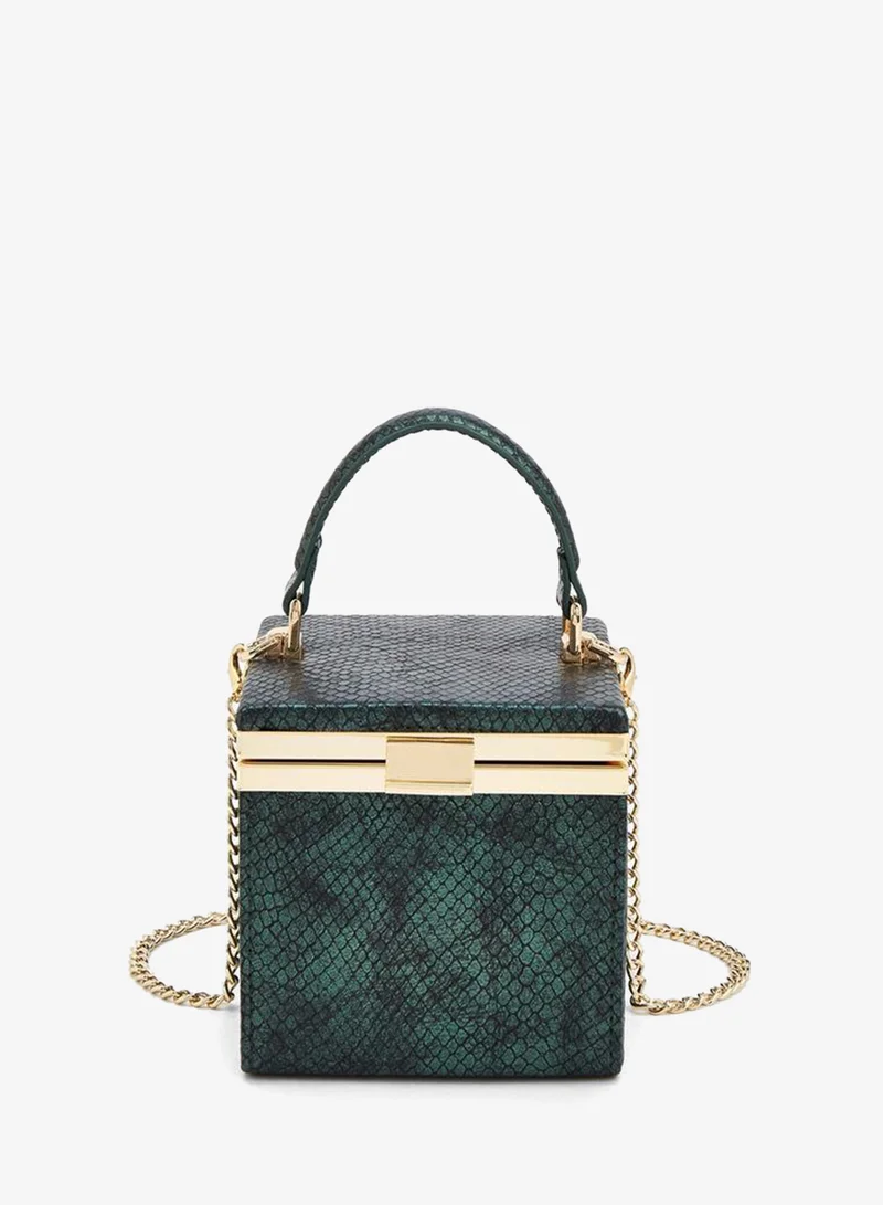 Elegant Golden Box-Style Handbag With A Structured Silhouette And Top Handle. Ramadan Collection