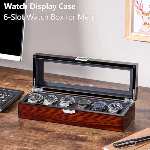 BEWISHOME Watch Box, 6 Slot Mens Watch Case, Watch Storage Organizer for Men, Watch Display Case with Large Glass Lid, Wooden Watch Holder Removable Watch Pillows, Watch Storage, Father's Day Brown - Image 4