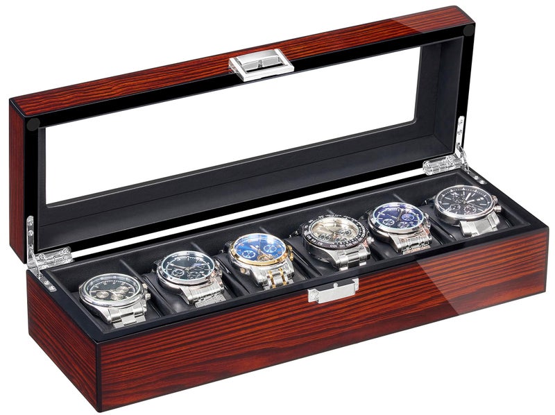BEWISHOME Watch Box, 6 Slot Mens Watch Case, Watch Storage Organizer for Men, Watch Display Case with Large Glass Lid, Wooden Watch Holder Removable Watch Pillows, Watch Storage, Father's Day Brown - Image 1