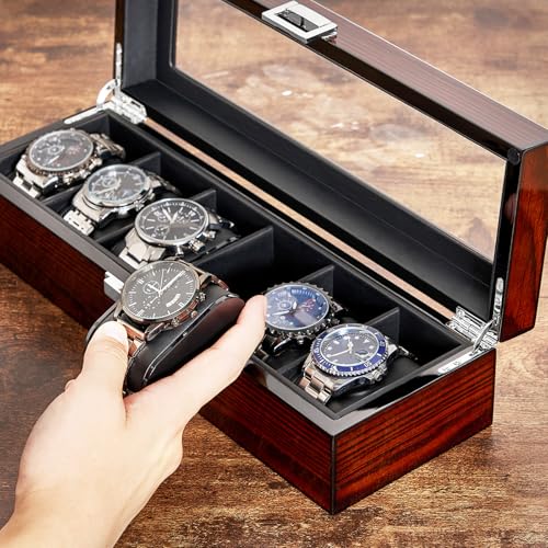 BEWISHOME Watch Box, 6 Slot Mens Watch Case, Watch Storage Organizer for Men, Watch Display Case with Large Glass Lid, Wooden Watch Holder Removable Watch Pillows, Watch Storage, Father's Day Brown - Image 3