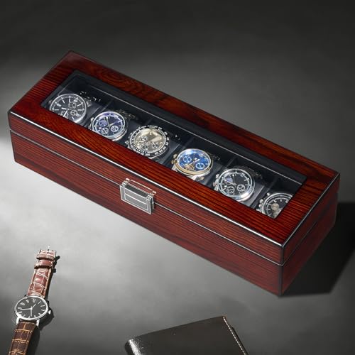 BEWISHOME Watch Box, 6 Slot Mens Watch Case, Watch Storage Organizer for Men, Watch Display Case with Large Glass Lid, Wooden Watch Holder Removable Watch Pillows, Watch Storage, Father's Day Brown - Image 2