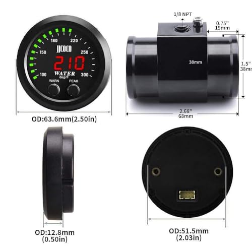 ZHSYMX Universal 52mm Water Temperature Gauge 32-300F(0~150C) Electronic Green Digital LED DC12V/24V for Car Automotive with Joint Pipe Radiator Sensor Adaptor Black 38MM - Image 2