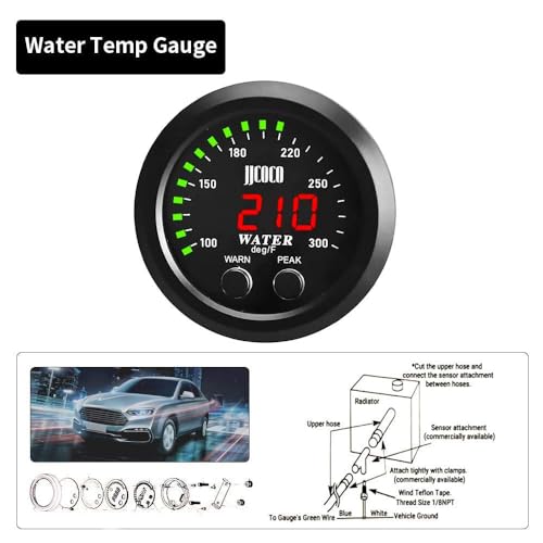 ZHSYMX Universal 52mm Water Temperature Gauge 32-300F(0~150C) Electronic Green Digital LED DC12V/24V for Car Automotive with Joint Pipe Radiator Sensor Adaptor Black 38MM - Image 4