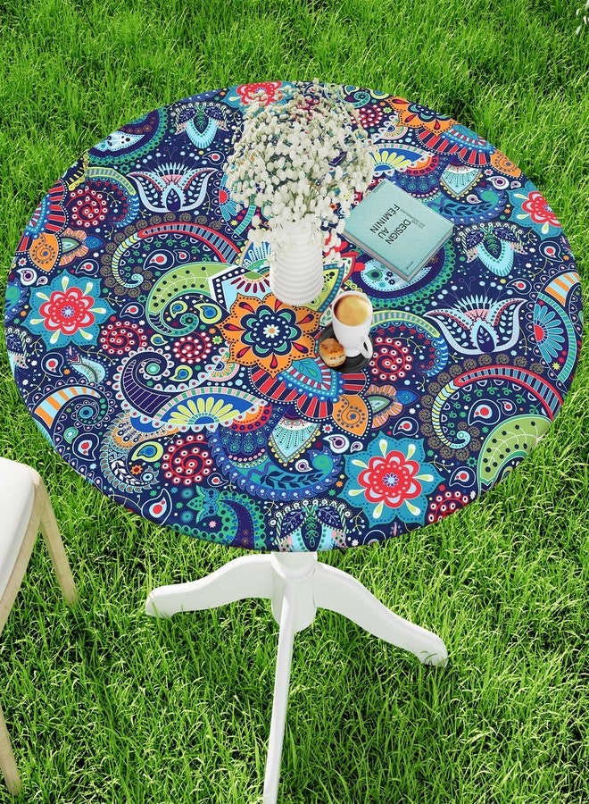Moosfor Spandex Elastic Fitted Round Tablecloth for 45"-56" Tables, Stretch Washable Reusable Table Cover for Outdoor Picnic, Camping, Dining, Kitchen, Patio and Party, Paisley - Image 1