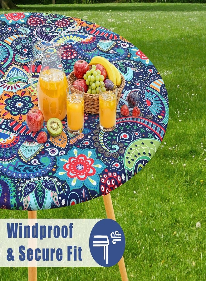 Moosfor Spandex Elastic Fitted Round Tablecloth for 45"-56" Tables, Stretch Washable Reusable Table Cover for Outdoor Picnic, Camping, Dining, Kitchen, Patio and Party, Paisley - Image 2