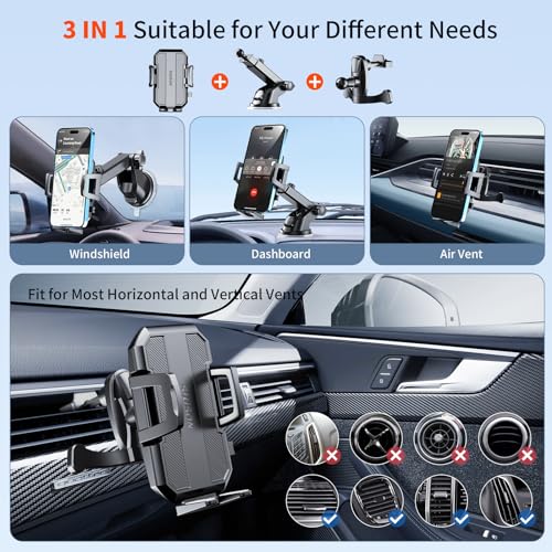 SUUSON Upgraded 3-in-1 Car Phone Holder Mount [Powerful Suction] Phone Mount for Car Dashboard Air Vent Windshield,for All iPhone Android Phone (Black) - Image 2