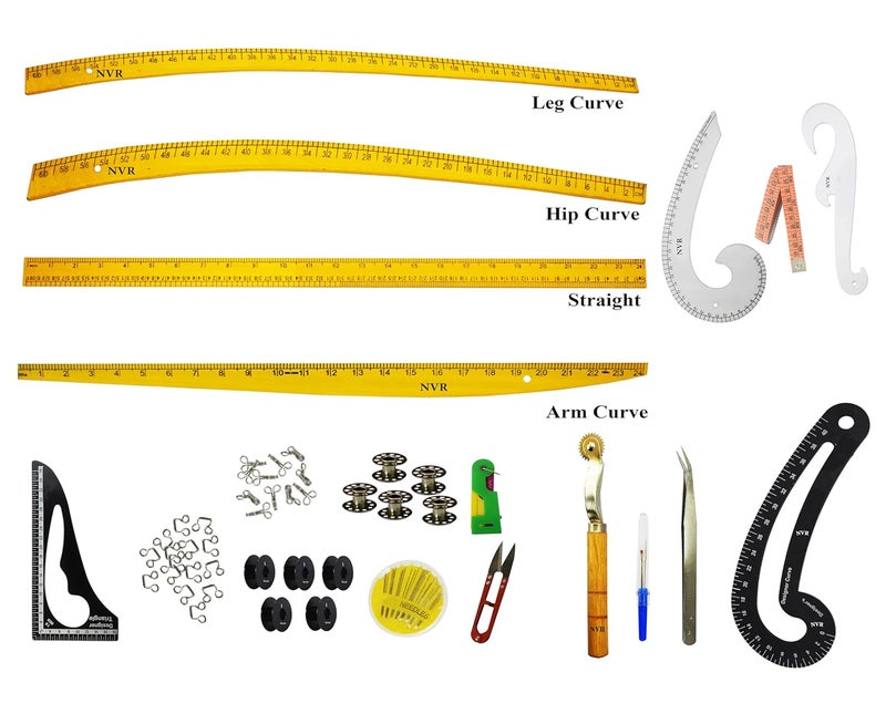 NVR tailroing Combo 4 Shapes of Scales French Curve Arm Hole Armhole Big Seam Ripper Measuring Tape and Tringle Bobbin Tape Cutter Threader Needle Pack Hooks Hook Eye