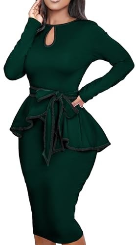 Yiershu Women Dress Elegant Peplum Business Dresses Sexy Split Long Sleeve Bodycon Knee Length Formal Pencil Back Zipper Dress(Dark Green,L) - Image 4