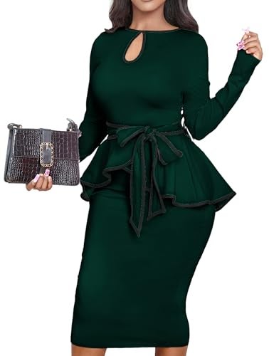 Yiershu Women Dress Elegant Peplum Business Dresses Sexy Split Long Sleeve Bodycon Knee Length Formal Pencil Back Zipper Dress(Dark Green,L) - Image 3