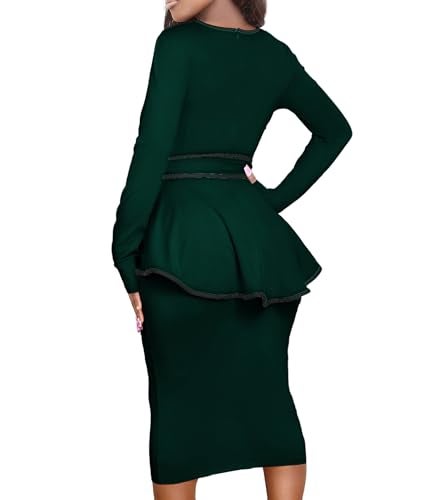 Yiershu Women Dress Elegant Peplum Business Dresses Sexy Split Long Sleeve Bodycon Knee Length Formal Pencil Back Zipper Dress(Dark Green,L) - Image 2