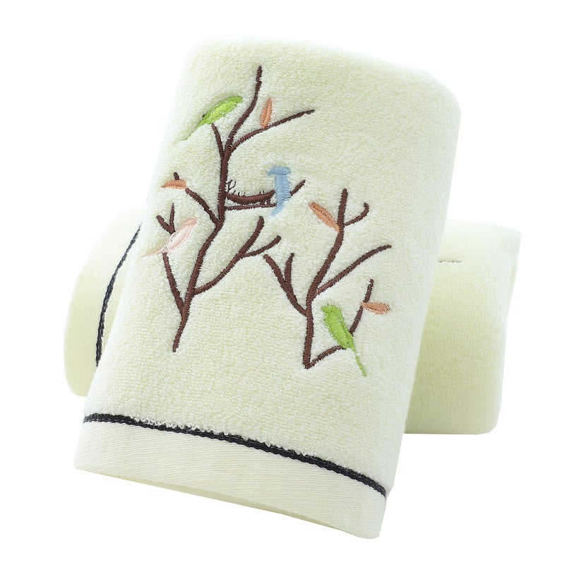 Pidada Hand Towels Set of 2 Embroidered Bird Tree Pattern 100% Cotton Absorbent Soft Decorative Towel for Bathroom (Light Yellow) - Image 1