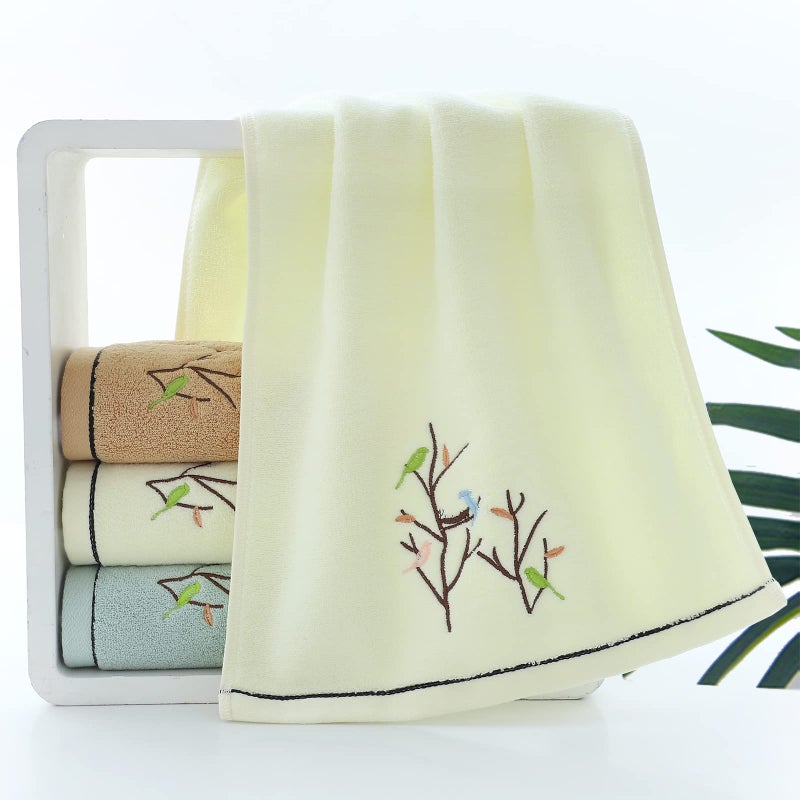 Pidada Hand Towels Set of 2 Embroidered Bird Tree Pattern 100% Cotton Absorbent Soft Decorative Towel for Bathroom (Light Yellow) - Image 3