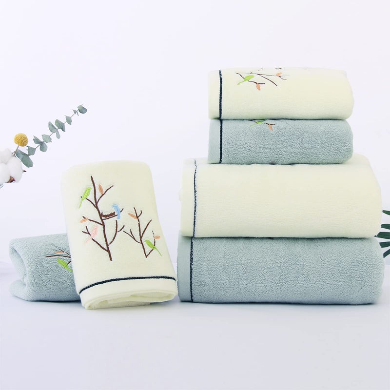 Pidada Hand Towels Set of 2 Embroidered Bird Tree Pattern 100% Cotton Absorbent Soft Decorative Towel for Bathroom (Light Yellow) - Image 4