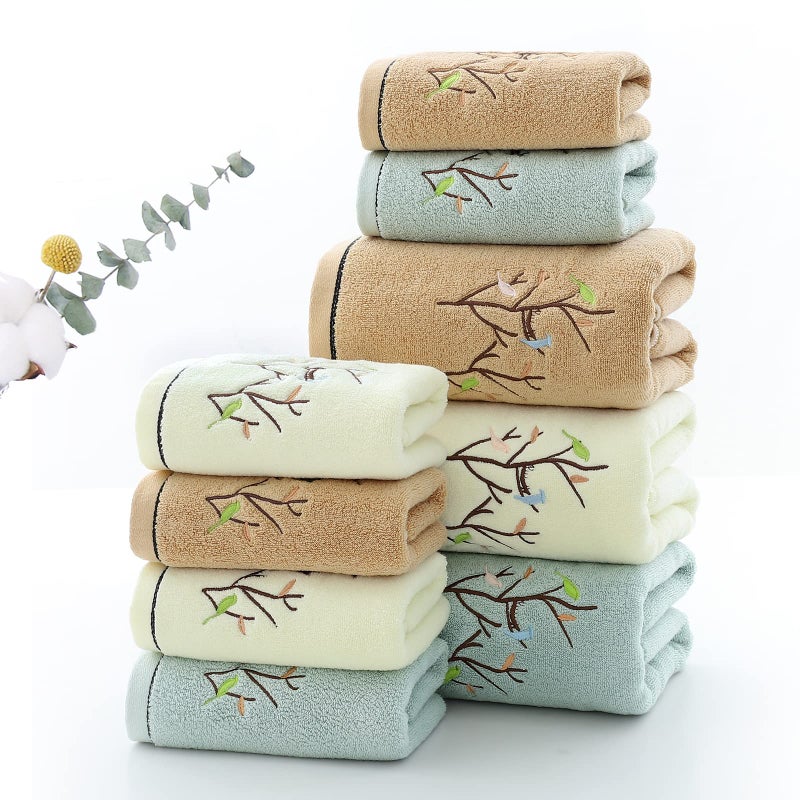 Pidada Hand Towels Set of 2 Embroidered Bird Tree Pattern 100% Cotton Absorbent Soft Decorative Towel for Bathroom (Light Yellow) - Image 5