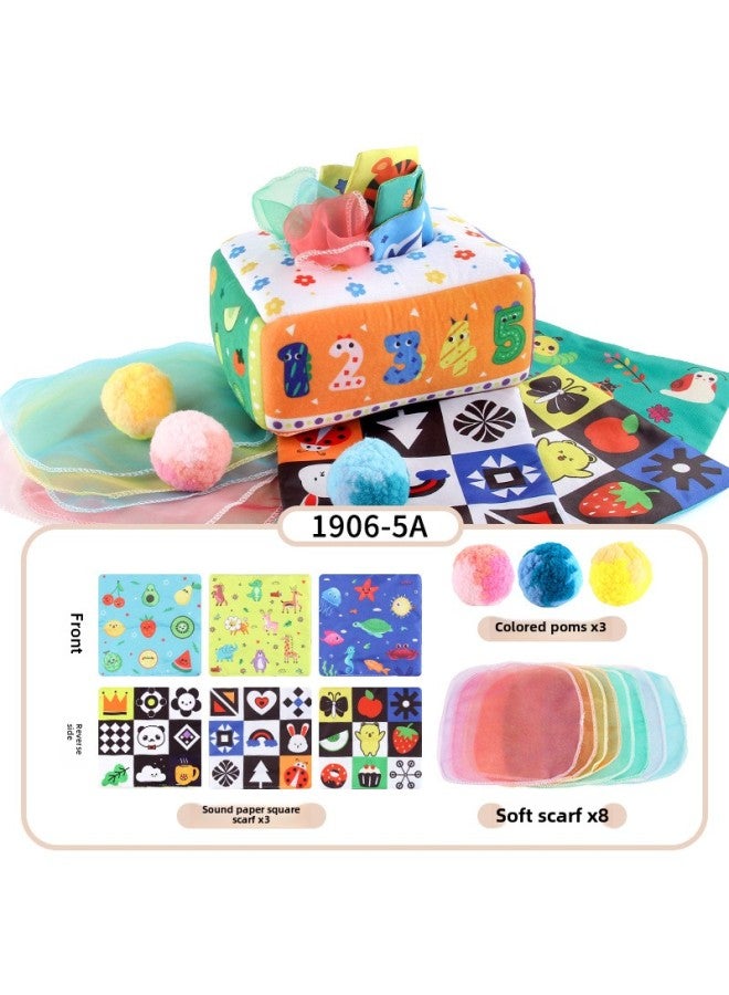 Hot Sale Baby Tissue Box With Pompom Puzzle Baby Cloth Book With Ringing Paper Hand Tear Baby Toys-Color:NO.1906-5A Tissue Box (3 Ringing Paper Square Scarves +8 Silk Scarves +3 Pompom) 79.8g  - Image 1