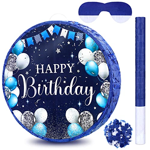 Sinmoe Birthday Piata with Stick Blindfold and Confetti Large Piata for Adult Men Women Birthday Party Supplies Decoration Wedding AnniversaryBlue and Silver - Image 1