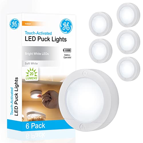 GE Wireless LED Puck Lights, Battery Operated, 20 Lumens, Touch Light, Tap Light, Stick On Lights, Under Cabinet Lighting, Ideal for Kitchen Cabinets, Closets, Garage, 6 Pack, 45994 - Image 1