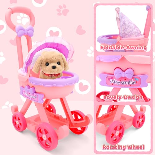 deAO Dog Toys for Kids Girls Boys Interactive Electronic Puppy Stuffed Dog with Stroller Grooming Care Accessories Toys Puppy Pet Care Pretend Play Set for 3 Years Old Toddler Girls Birthday Gifts - Image 5