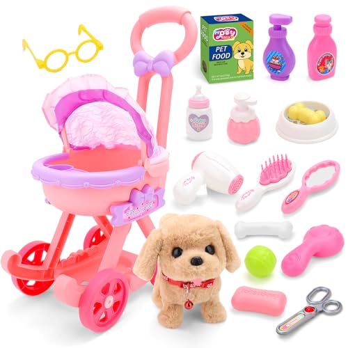 deAO Dog Toys for Kids Girls Boys Interactive Electronic Puppy Stuffed Dog with Stroller Grooming Care Accessories Toys Puppy Pet Care Pretend Play Set for 3 Years Old Toddler Girls Birthday Gifts - Image 1