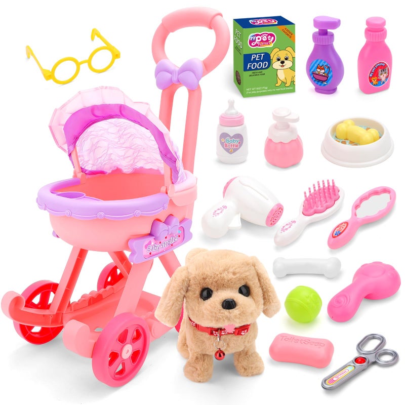 deAO Dog Toys for Kids Girls Boys Interactive Electronic Puppy Stuffed Dog with Stroller Grooming Care Accessories Toys Puppy Pet Care Pretend Play Set for 3 Years Old Toddler Girls Birthday Gifts - Image 3